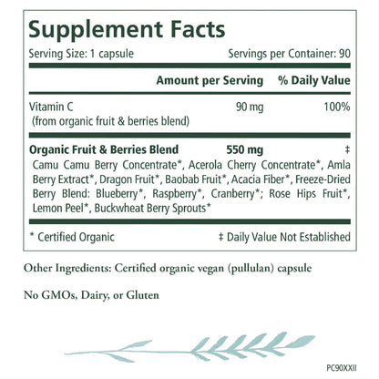 PURE SYNERGY Pure Radiance C | Organic Vitamin C Capsules | 100% Natural, Whole Food, Non-GMO Supplement with Organic Camu Camu | for Immune and Collagen Support (90 Capsules)