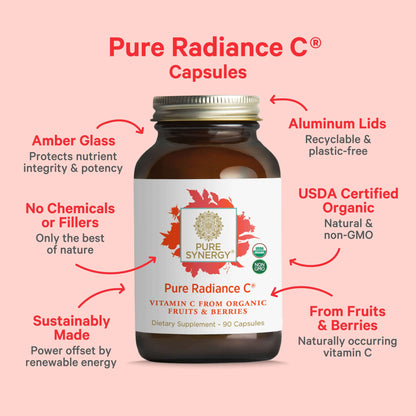 PURE SYNERGY Pure Radiance C | Organic Vitamin C Capsules | 100% Natural, Whole Food, Non-GMO Supplement with Organic Camu Camu | for Immune and Collagen Support (90 Capsules)